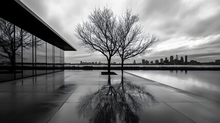 Poster - A reflective, minimalist scene featuring a bare tree beside a modern glass building and a city skyline under a moody sky