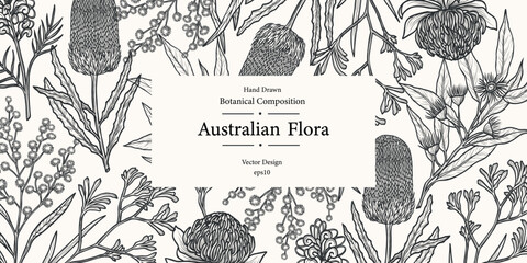 Wall Mural - Hand drawn Australian flowers and plants template
