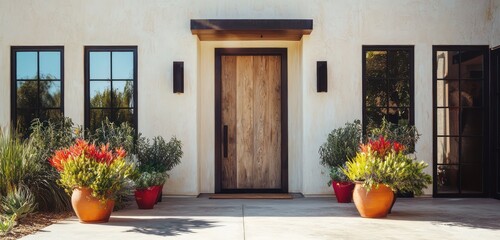 Wall Mural - A modern home with ivory walls, black windows, and a rustic wooden door feature.