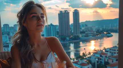 Wall Mural - A women relaxing on a balcony with a beautiful city view.