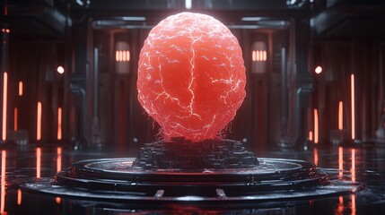 Wall Mural - glowing red orb on futuristic pedestal in dark room.