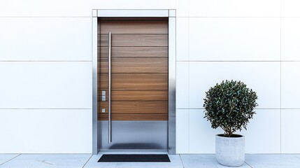 Poster - A modern front entrance with wooden door details and a minimalist plant.