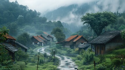Poster - A charming rural village nestled at the base of mist-covered mountains, soft rain falling and creating puddles along dirt paths, tiled-roof houses glistening from rain, early morning mist.