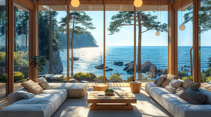 Poster - A home with a huge window with views to the sea surrounded by pine trees.