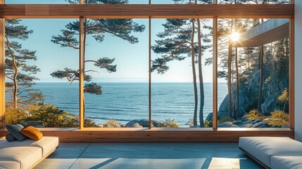 Poster - A home with a huge window with views to the sea surrounded by pine trees.
