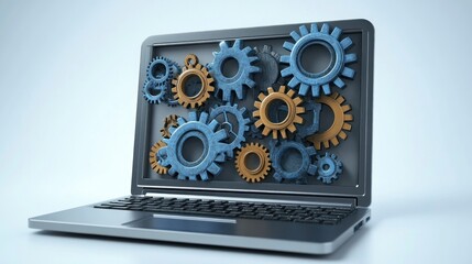 Poster - Laptop Screen Showing Interconnected Gears Working Together