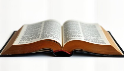 Open bible on transparent background. Religious holy book Christianity, faith. Bible pages open showing text. Isolated object with white background. Simple book design. Suitable for use in