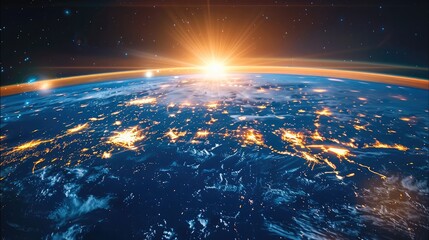 Fototapete - Panoramic view of Earth surface from orbit. Illuminated city lights, scattered clouds.