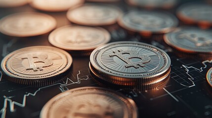 Poster - Rising coins in digital charts, exponential curves, finance theme, 3D illustration.