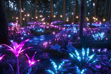 Poster - A luminous, bioluminescent forest with glowing plants and creatures under a starry night sky