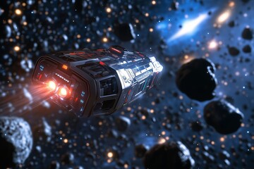 Poster - A lone spaceship exploring a massive asteroid field with distant galaxies in the background