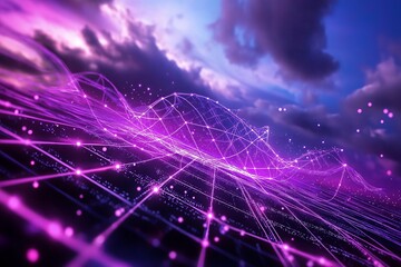 Poster - A glowing neon grid stretching into infinity under a futuristic purple and blue sky. --ar 3:2 --personalize v73lhwr --v 6.1 Job ID: dc27140e-cf92-4752-8816-2b8bff7efe1c
