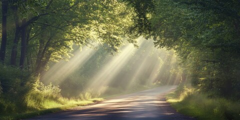 Poster - Scenic country road leading into a tranquil forest with sunlight filtering through the trees, creating a serene atmosphere on the country road surrounded by nature.