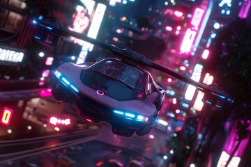 Poster - A futuristic cityscape at night, with glowing neon lights and hovering vehicles in a cyberpunk style. --ar 3:2 --personalize v73lhwr --v 6.1 Job ID: d6bda05a-3b9d-468e-8313-8f18c513d02d