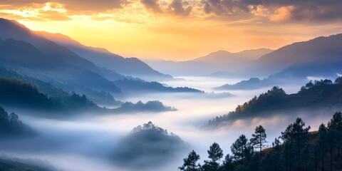 Poster - Misty mountains enveloped in morning fog create a serene atmosphere, showcasing the beauty of morning mist in the mountains. Experience the tranquility of morning mist in the mountains today.
