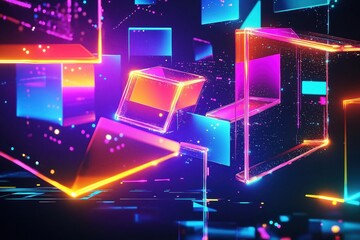 Poster - Abstract illustration shows geometric shapes, structures in neon colors. Colorful lights fill cyberspace scene against dark backdrop. Digital art captures futuristic tech. Design energetic style,