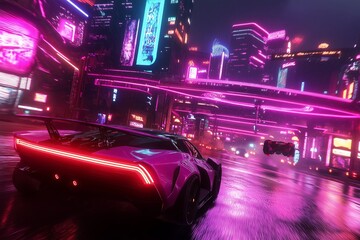 Poster - A futuristic cityscape at night, with glowing neon lights and hovering vehicles in a cyberpunk style.