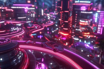 Poster - A futuristic cityscape at night, with glowing neon lights and hovering vehicles in a cyberpunk style.