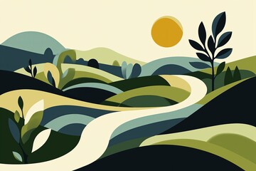 Wall Mural - A flat design of a rolling hill landscape with muted greens and blues under a pale yellow sun.