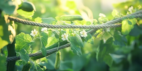 Poster - Green branches of cucumbers twist and turn along ropes on a trellis. The thriving cucumbers show delicate blossoms, creating a beautiful garden scene with a shallow depth of field.