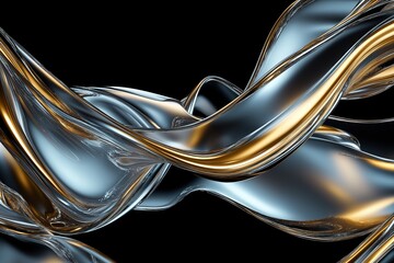 Poster - A dynamic, flowing wave of liquid metal in silver and gold hues on a deep black background