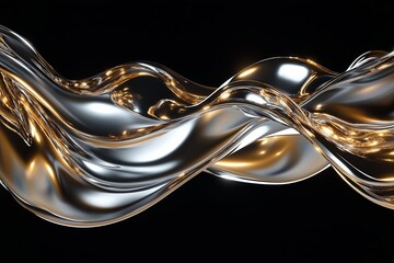 Poster - A dynamic, flowing wave of liquid metal in silver and gold hues on a deep black background