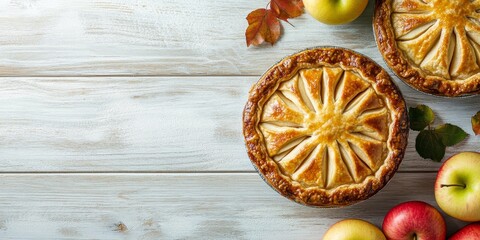 Poster - Delicious homemade apple pies displayed on a white wooden surface, viewed from above. This classic apple pie is a favorite dessert for autumn celebrations and Thanksgiving gatherings.