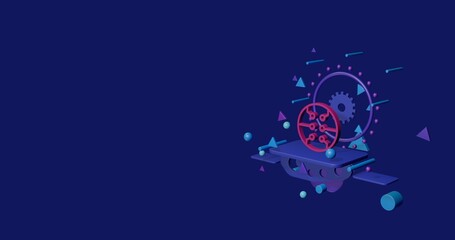 Poster - Pink microcircuit symbol on a pedestal of abstract geometric shapes floating in the air. Abstract concept art with flying shapes on the right. 3d illustration on indigo background