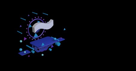 Poster - White tilde symbol on a pedestal of abstract geometric shapes floating in the air. Abstract concept art with flying shapes on the left. 3d illustration on black background