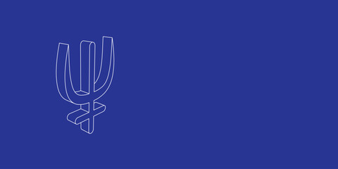 Poster - The outline of a large astrological neptune symbol made of white lines on the left. 3D view of the object in perspective. Vector illustration on indigo background