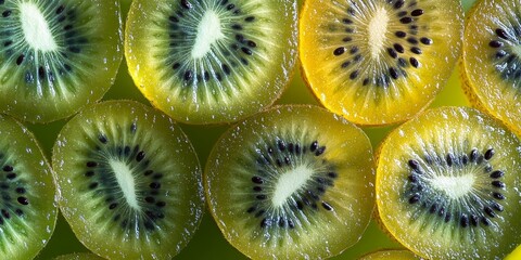 Fototapete - Close up shot showcasing the vibrant details of kiwi fruit, highlighting the unique texture and colors that make kiwi fruit a delightful addition to any culinary creation.