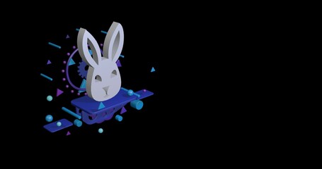 Poster - White cute hare head symbol on a pedestal of abstract geometric shapes floating in the air. Abstract concept art with flying shapes on the left. 3d illustration on black background
