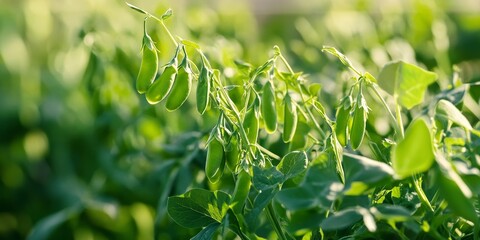 Poster - Lush farm field featuring green sweet peas, ideal for cooking. The sweet peas, nestled within their pods on the branches, thrive in summer before reaching full ripeness.