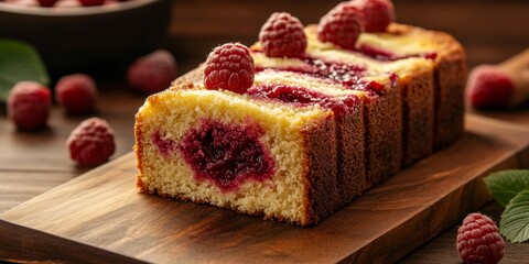Aufkleber - Raspberry pound cake displayed on a cutting board, showcasing the rich texture and vibrant color of the raspberry pound cake, perfect for dessert lovers and confectionery enthusiasts.