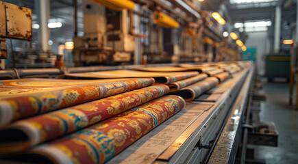 Poster - Modern printing press producing Buddhist newspapers and journals, advanced printing machines in operation, colorful Buddhist texts and illustrations being printed on high-quality paper.