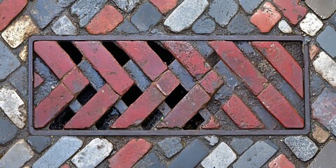 Leinwandbilder - Metal drain combined with red and grey bricks creates a striking visual contrast. This metal drain stands out amidst the intricate patterns of red and grey masonry, enhancing architectural appeal.