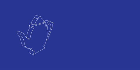 Poster - The outline of a large teapot made of white lines on the left. 3D view of the object in perspective. Vector illustration on indigo background