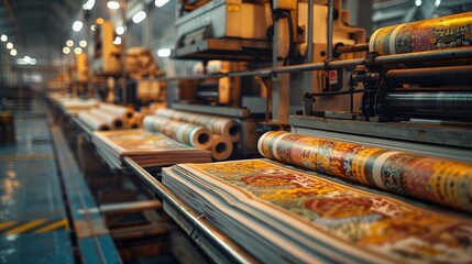 Poster - Modern printing press producing Buddhist newspapers and journals, advanced printing machines in operation, colorful Buddhist texts and illustrations being printed on high-quality paper.