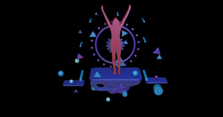 Poster - Red woman stretches symbol on a pedestal of abstract geometric shapes floating in the air. Abstract concept art with flying shapes in the center. 3d illustration on black background
