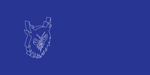Poster - The outline of a large owl head symbol made of white lines on the left. 3D view of the object in perspective. Vector illustration on indigo background