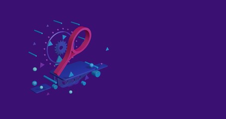 Poster - Pink tennis racket symbol on a pedestal of abstract geometric shapes floating in the air. Abstract concept art with flying shapes on the left. 3d illustration on deep purple background