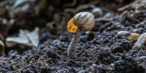 Aufkleber - Yellowwood tree seedling emerging from rich soil, showcasing its seed cap still attached a promising glimpse of new life as the yellowwood tree begins its journey of growth.
