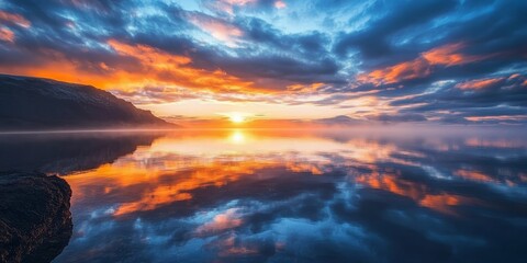Poster - Stunning sunrise with volcanic clouds reflecting light, creating a beautiful sunrise scene on a northern shore, evoking the beauty of nature during this breathtaking sunrise moment.