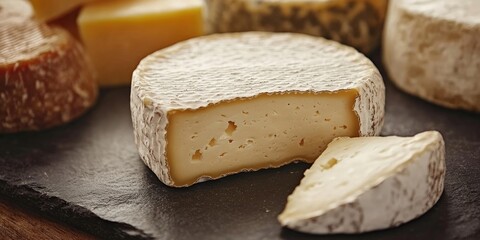 Poster - Cheese displayed on a slate surface, highlighting the rich texture and color of the cheese. This close up of cheese showcases its unique characteristics and appealing details.