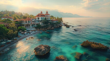 Poster - Hotel at the sea, beautiful area, rich. Aerial high view.