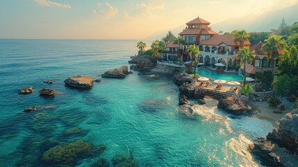 Poster - Hotel at the sea, beautiful area, rich. Aerial high view.