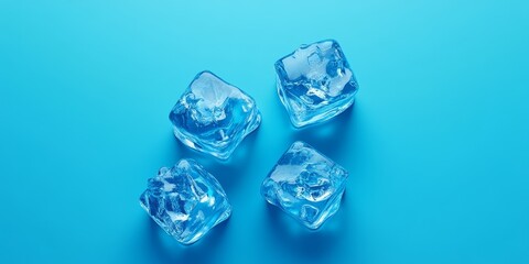 Poster - Four ice cubes with a blue hue are set against a matching blue background. This top view showcases the unique appearance of these ice cubes in a visually appealing way.