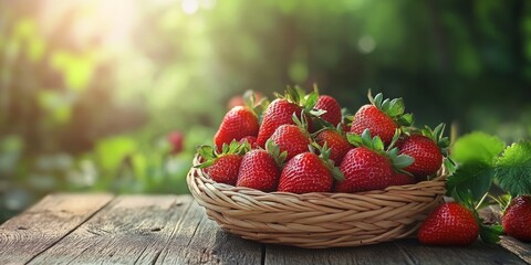 Poster - Fresh strawberries in a basket on a wooden table surrounded by a natural setting. These delightful strawberries represent first class organic fruit and are a perfect summer vitamin source.