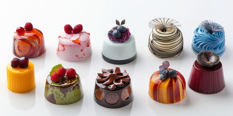 Poster - Artfully crafted glazed mousse cakes in an array of unique designs showcased on a clean white background. These glazed mousse cakes delight with their colorful presentation and textures.