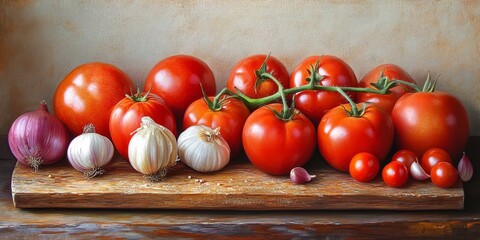 Poster - Food set featuring fresh tomatoes, onions, and garlic, showcasing a vibrant food set that emphasizes the essential ingredients of tomatoes, onions, and garlic in culinary creations.
